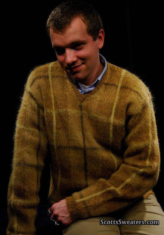 Golden retro shaggy plaid mohair V-neck sweater by Shag-a-Rac Young Breed Revere