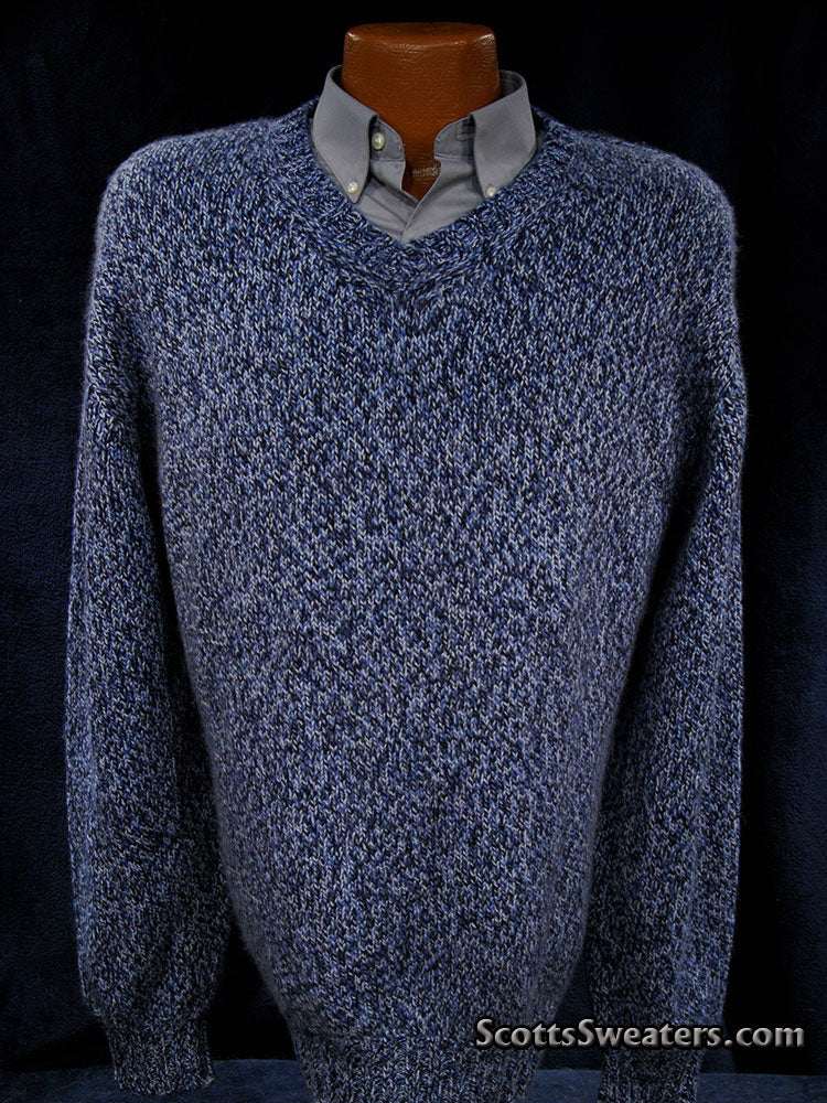 Blue and black tweed knit men's cashmere V-neck sweater in XL/XXL size