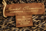 Daniel Cremieux men's cashmere V-neck sweater label in blue, black, and white tweed knit, size XL, made in Madagascar