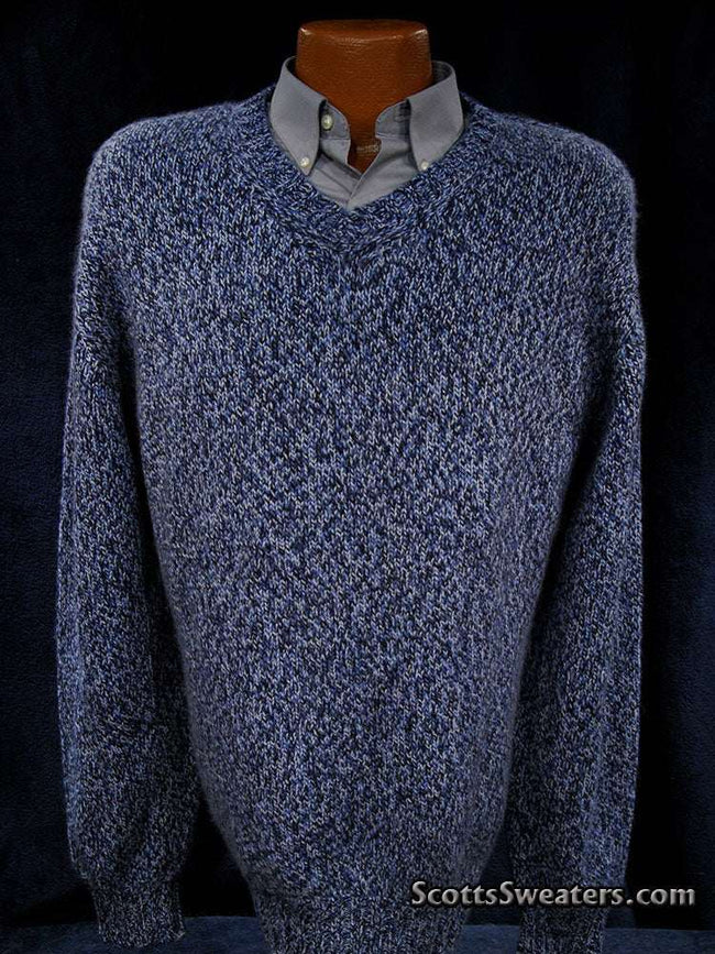 Blue and black tweed knit men's cashmere V-neck sweater in XL/XXL size