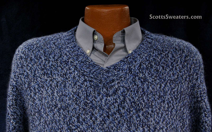 Blue, black, and white tweed knit men's cashmere V-neck sweater by Daniel Cremieux in X-Large/XX-Large size
