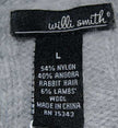 Willi Smith label on grey angora sweaterdress made of nylon, angora rabbit hair, and lambs wool, size large