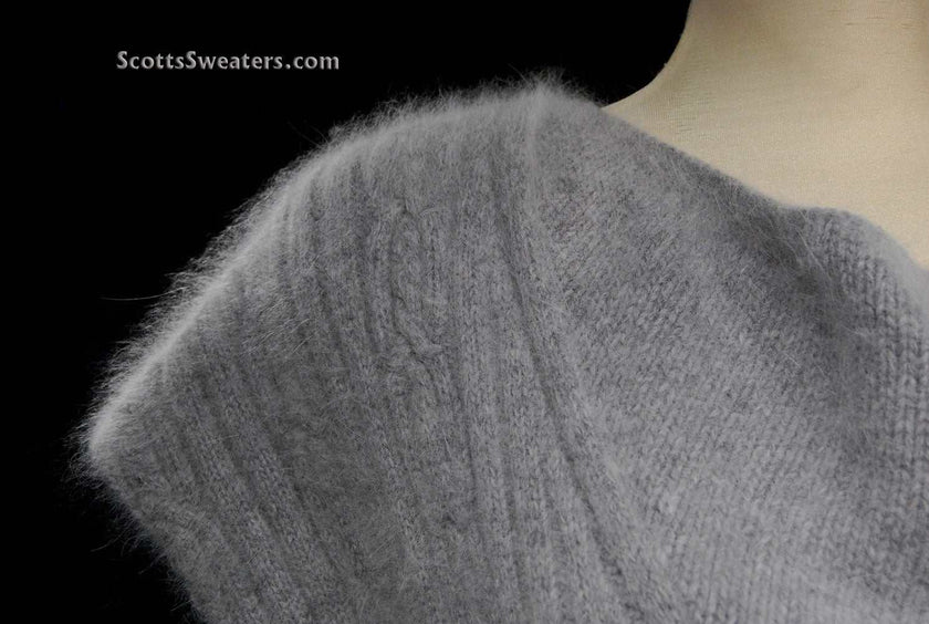 Close-up of light grey angora sweaterdress fabric by Willi Smith with cowl neck design