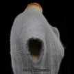 Light grey Angora sweaterdress by Willi Smith with cowl neck, size large, displayed on mannequin against black background