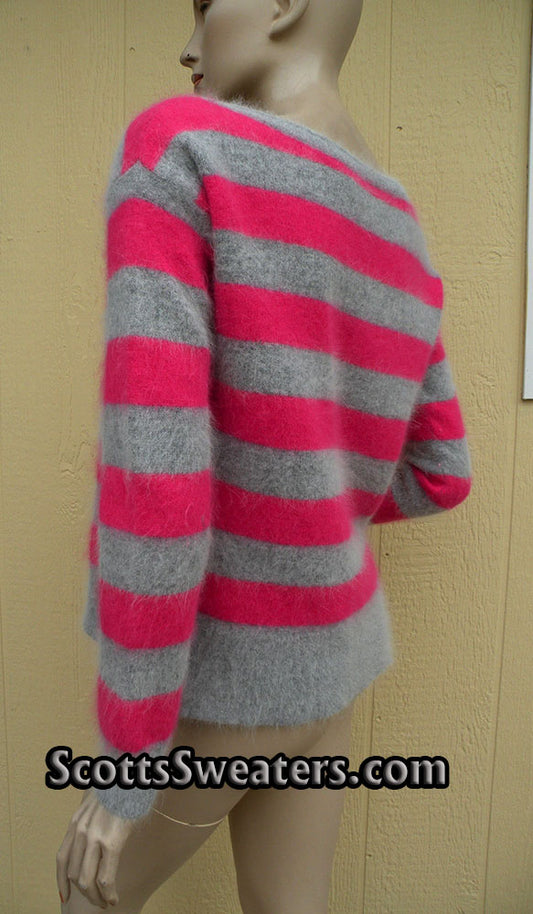 Woman's Pink and Grey Striped Angora Cardigan Sweater by MODA International