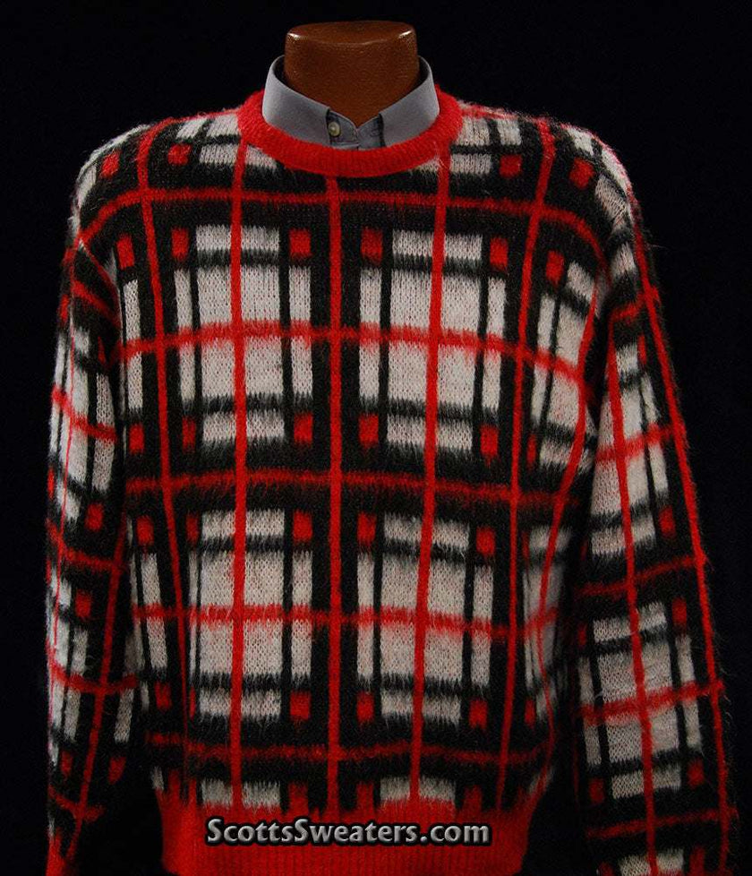 Retro shaggy plaid white red black mohair crewneck sweater by Towncraft