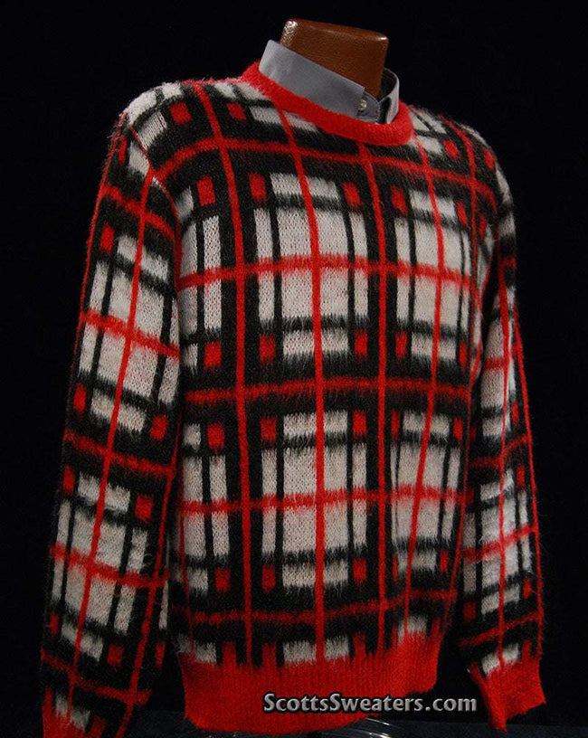 Retro shaggy plaid white red black mohair crewneck sweater by Towncraft