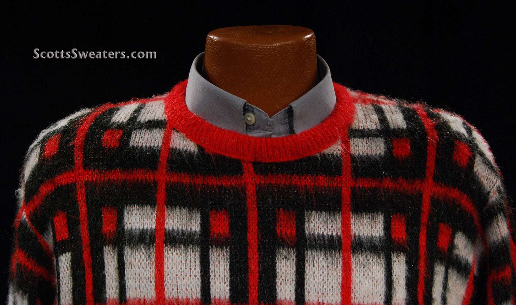 Retro shaggy plaid white red black mohair crewneck sweater by Towncraft Sears Medium-Large 46