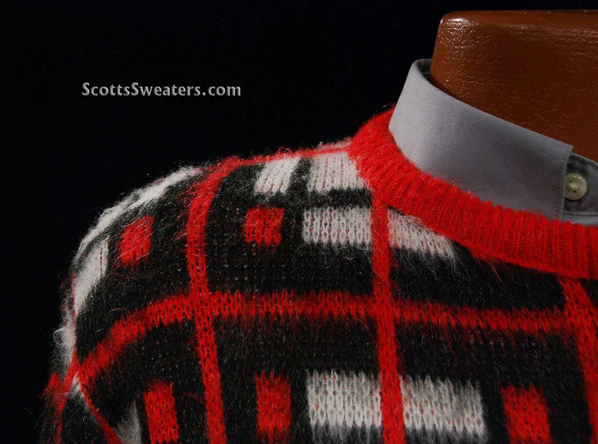Retro shaggy plaid white red black mohair crewneck sweater by Towncraft