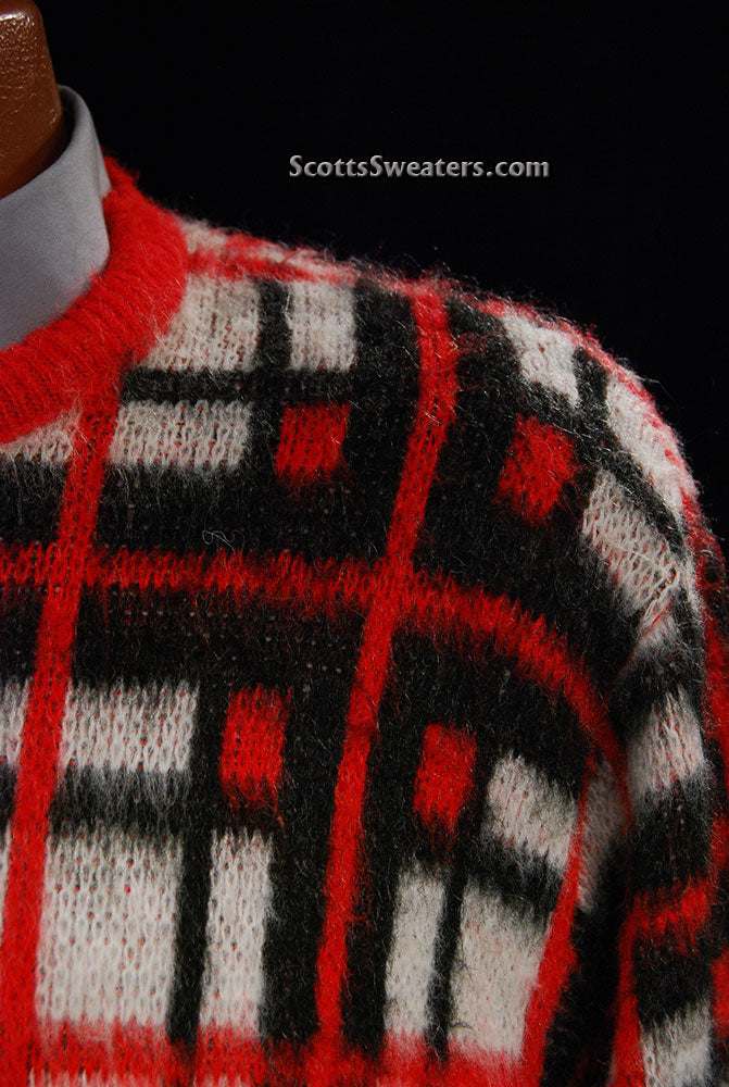 Retro shaggy plaid white red black mohair crewneck sweater by Towncraft Medium-Large size
