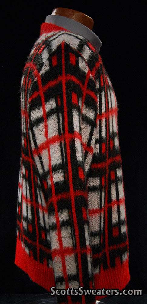 Retro Shaggy Plaid white red black mohair crewneck sweater by Towncraft Medium-Large