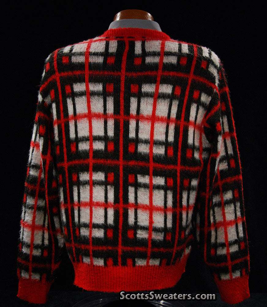 Retro shaggy plaid white red black mohair crewneck sweater by Towncraft Sears