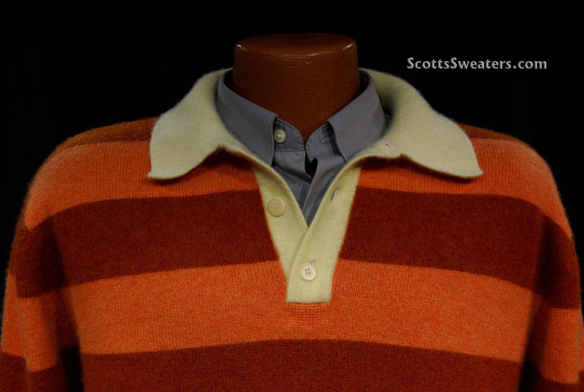 Men's orange two-tone striped cashmere polo-neck sweater with cream collar and button placket