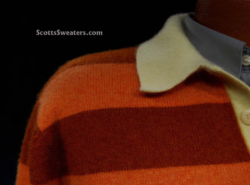 Men's orange and brown two-tone striped cashmere polo-neck sweater with yellow collar