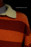 Men's cashmere sweater with orange and brown two-tone horizontal stripes and yellow polo-neck collar