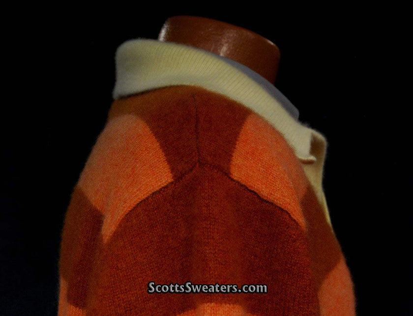 Men's orange two-tone striped cashmere polo-neck sweater with yellow collar by Hickey Freeman, size XL
