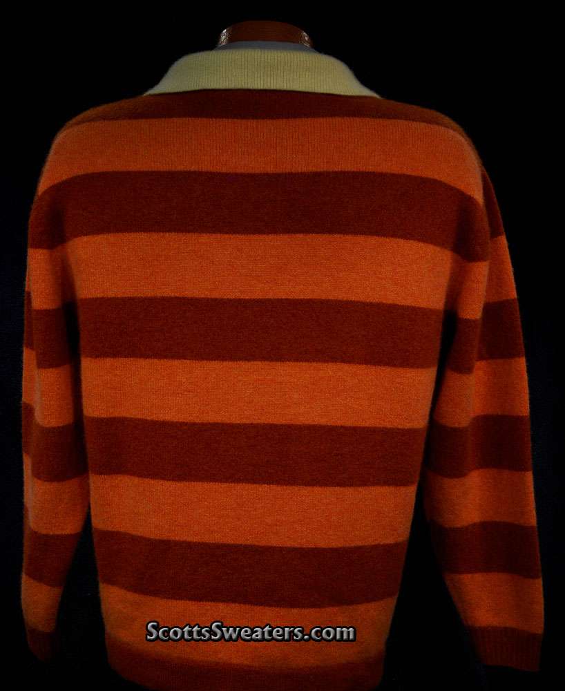 Men's orange and brown two-tone horizontal striped cashmere sweater with yellow polo neck by Hickey Freeman in size XL
