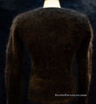 Woman wearing muted tan Angora scoop neck pullover sweater by Banana Republic in cling-fit design
