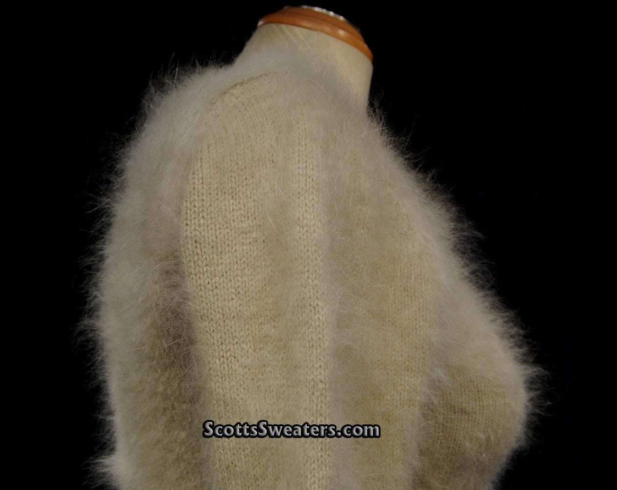 Woman wearing tan angora scoop neck cling-fit sweater by Banana Republic