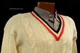 Classic V-neck pullover retro cable-knit tennis sweater in cream with red and navy trim, size small