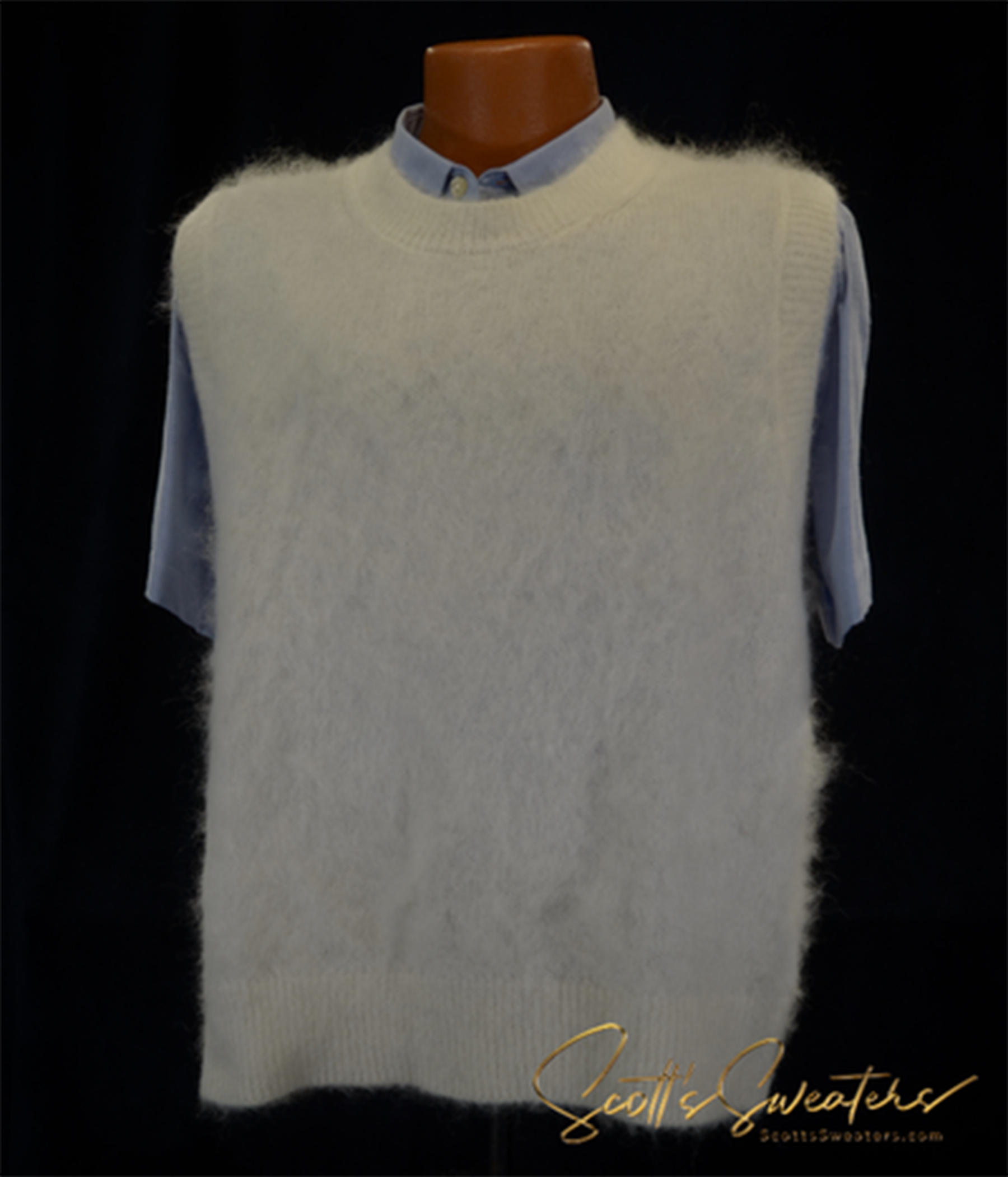 Men's ivory alpaca mohair wool sleeveless sweater vest on mannequin with blue shirt