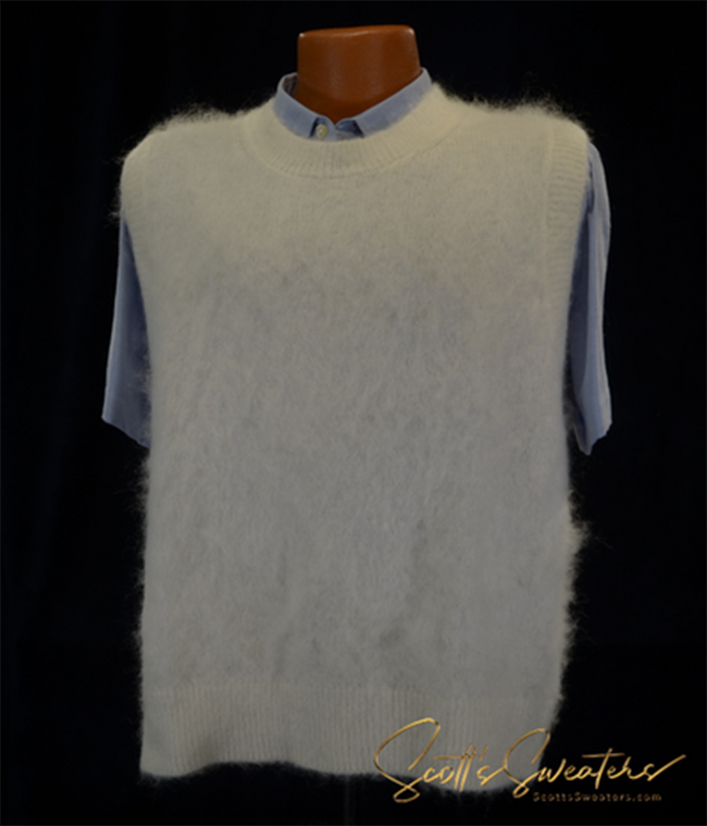 Men's ivory alpaca mohair wool sleeveless sweater vest on mannequin with blue shirt