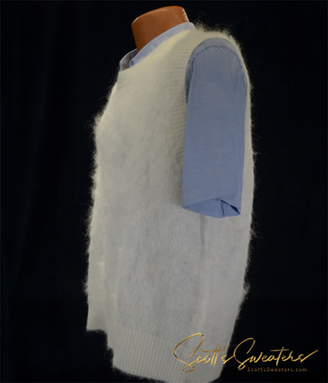 Men's ivory alpaca-mohair-wool sleeveless sweater vest on mannequin with blue shirt