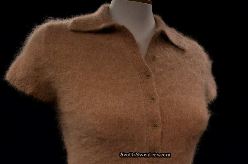 Beige angora woman's short-sleeve polo-neck sweater with 3/4 button front by J.Crew