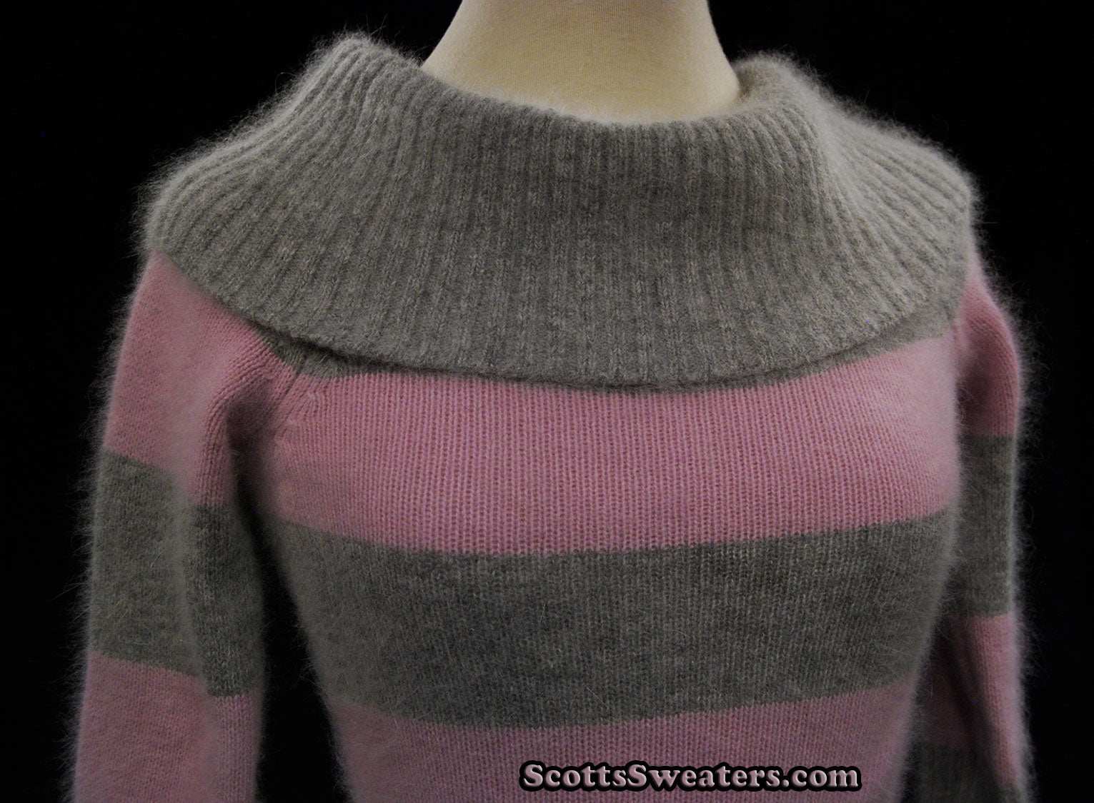 Girl's small pink and grey striped angora cowlneck sweater by bebe