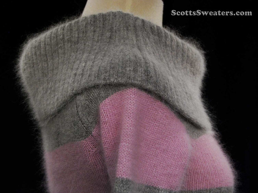 Girl's small pink and grey striped angora cowlneck sweater by bebe
