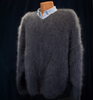 Men's slate-grey hand-knit mohair V-neck sweater on mannequin with blue shirt.