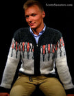 Men's retro zipper-front white cardigan sweater with dark grey shoulders and red chest design