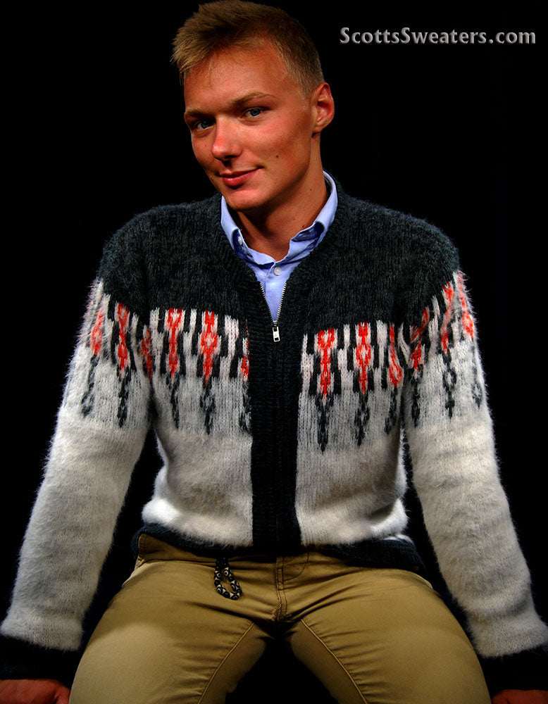 Men's retro zipper-front white cardigan sweater with dark grey shoulders and red chest design
