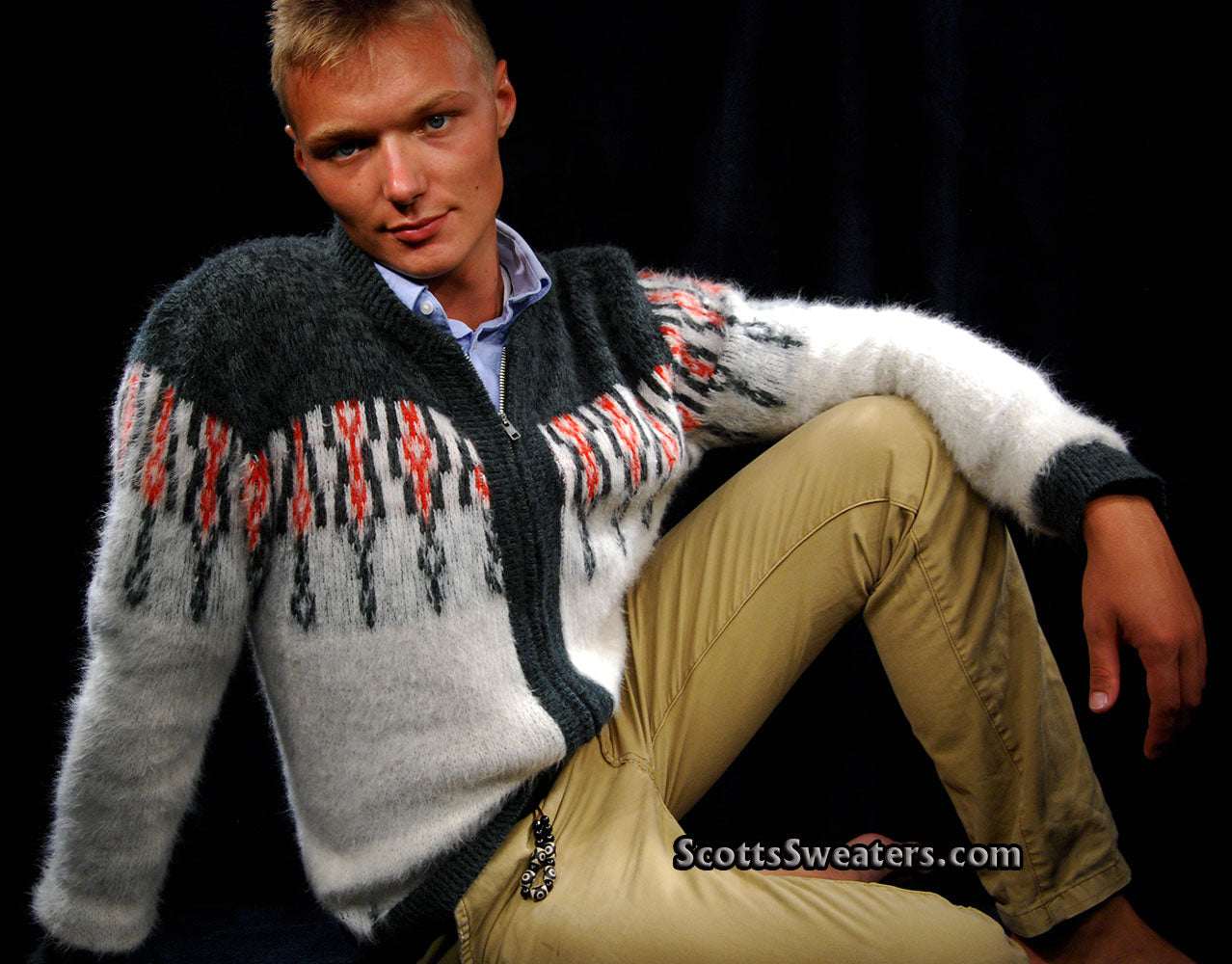 Men's retro zipper-front white cardigan sweater with dark grey shoulders and red chest design by Society Sportswear
