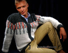Men's retro zipper-front white cardigan sweater with dark grey shoulders and red chest design by Society Sportswear