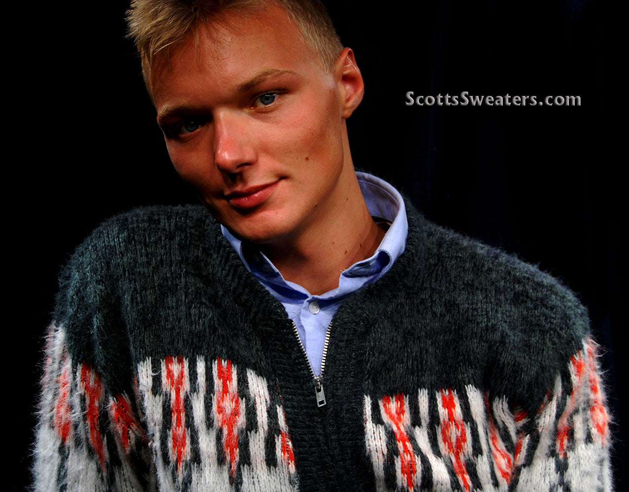 Men's retro zipper-front white cardigan sweater with grey shoulders and red chest design