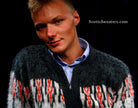 Men's retro zipper-front white cardigan sweater with grey shoulders and red chest design