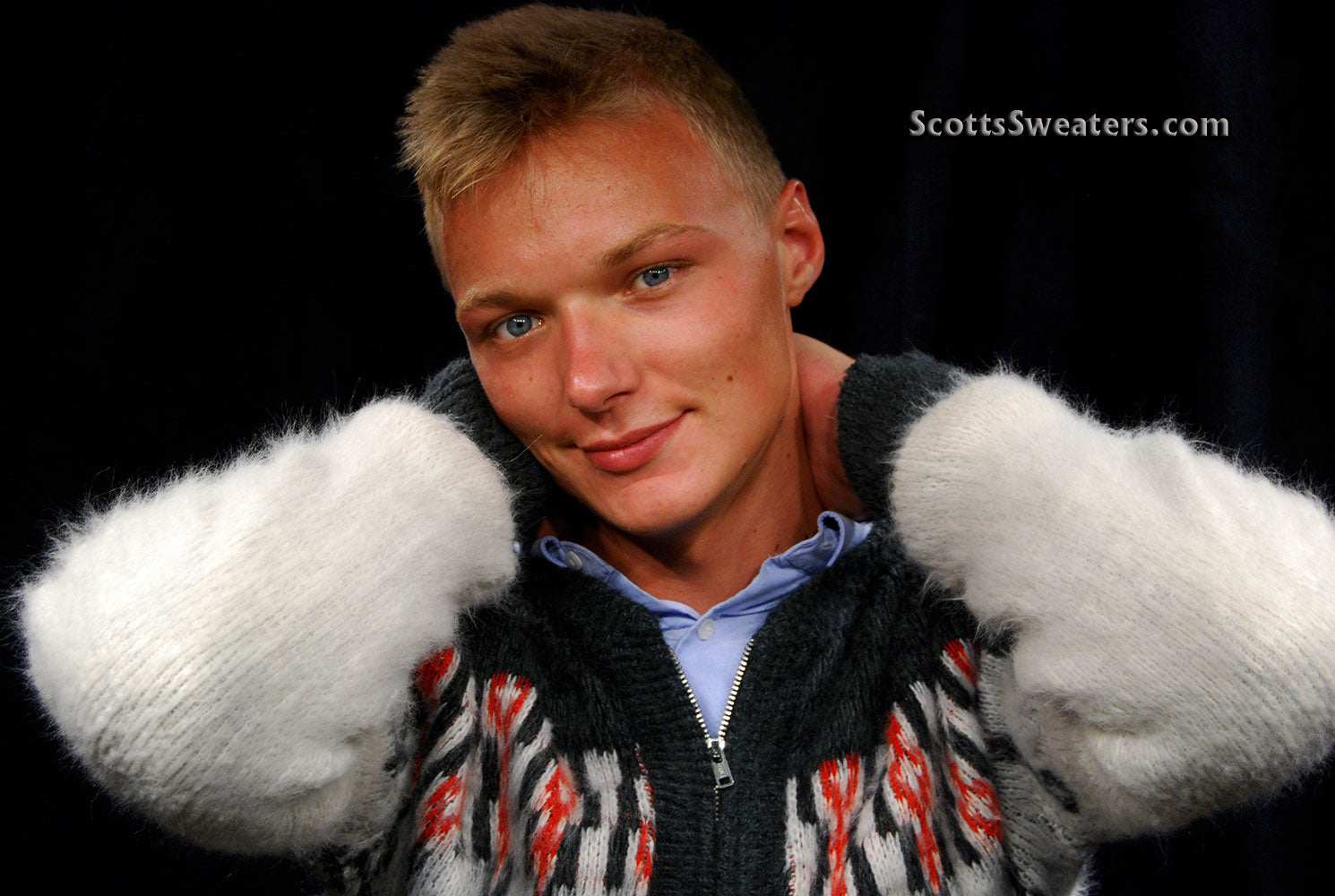 Men's retro zipper-front white faux-mohair cardigan with dark grey shoulders and red chest design