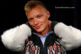 Men's retro zipper-front white faux-mohair cardigan with dark grey shoulders and red chest design
