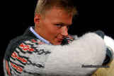 White men's retro zipper-front faux-mohair cardigan sweater with dark grey shoulders and red-grey chest design