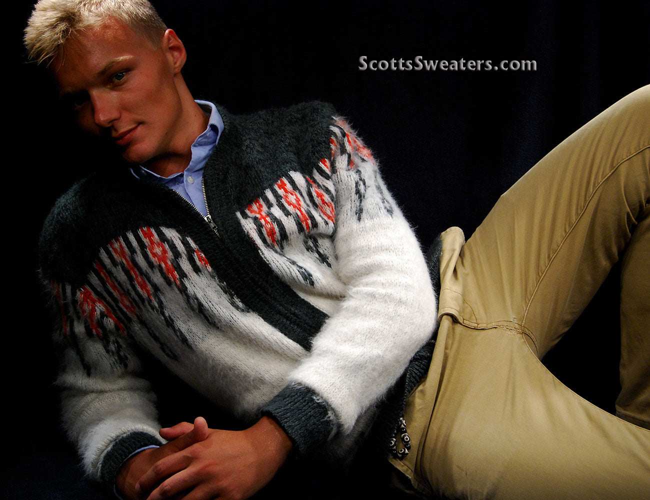 White men's retro zipper-front faux-mohair cardigan sweater with dark grey shoulders and red/grey chest design