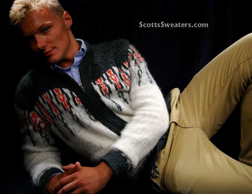 White men's retro zipper-front faux-mohair cardigan sweater with dark grey shoulders and red/grey chest design