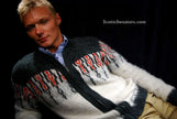 Men's retro zipper-front white cardigan sweater with dark grey shoulders and red chest design