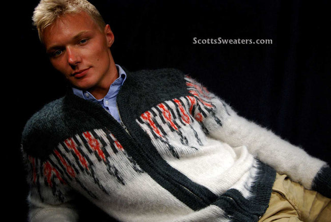 Men's retro zipper-front white cardigan sweater with dark grey shoulders and red chest design