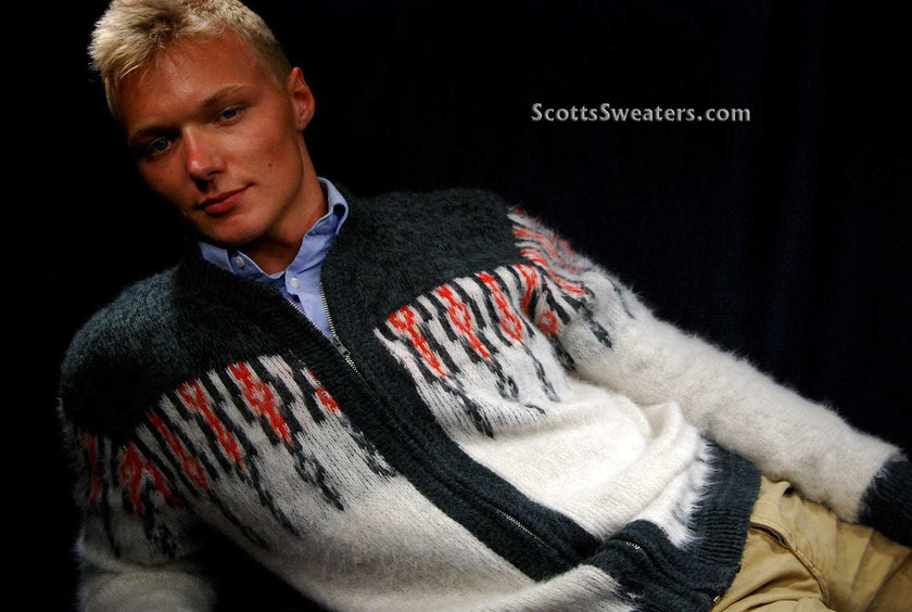 Men's retro zipper-front white cardigan sweater with dark grey shoulders and red chest design