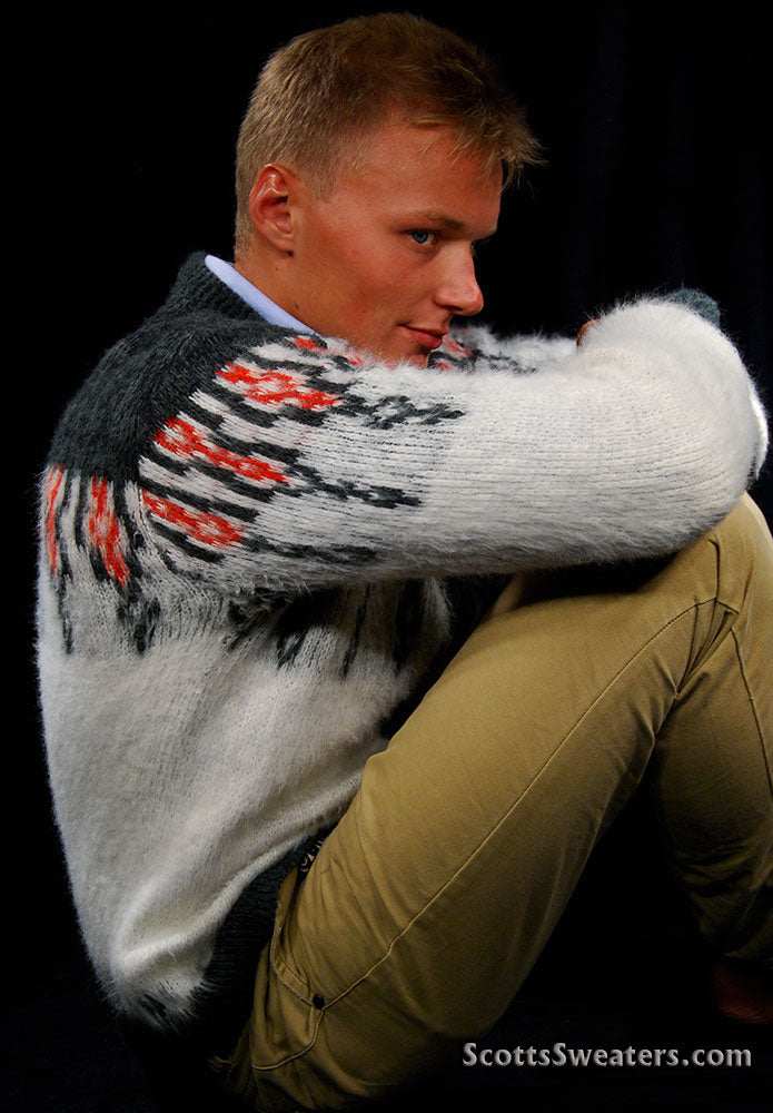 Men's retro zipper-front white cardigan sweater with dark grey shoulders and red chest design