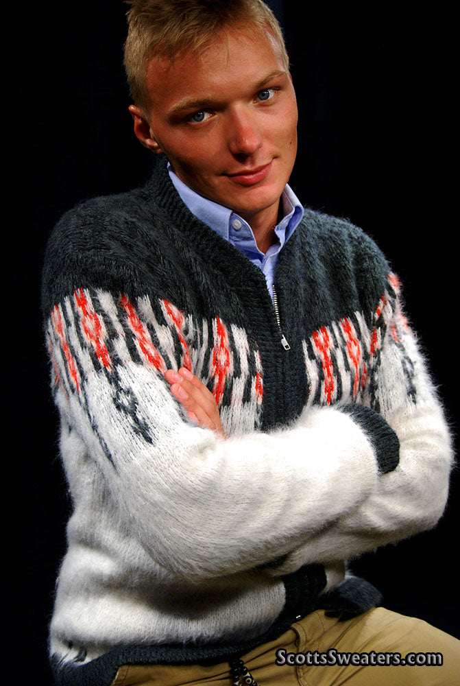 White men's retro zipper-front faux-mohair cardigan sweater with dark grey shoulders and red chest design