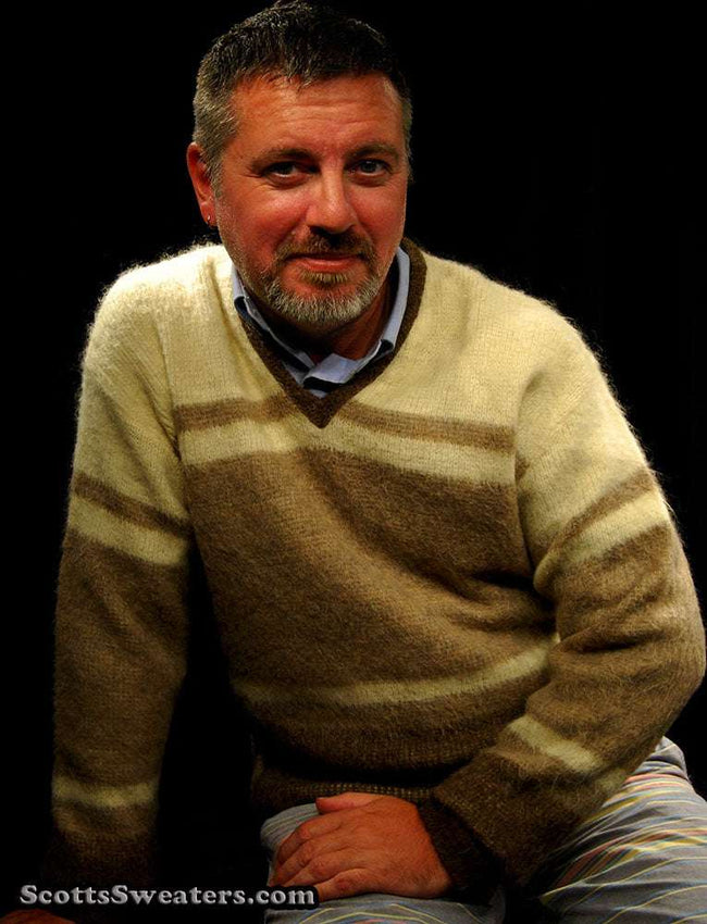 Retro classic original tri-tone beige tan brown mohair V-neck sweater by Hamburgers Menswear of Baltimore