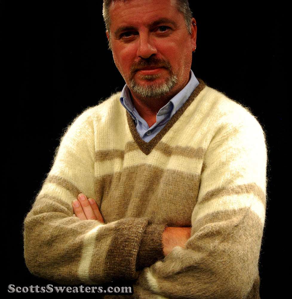 Retro Classic Original two-tone beige, tan, brown mohair V-neck sweater by Hamburgers Menswear Baltimore