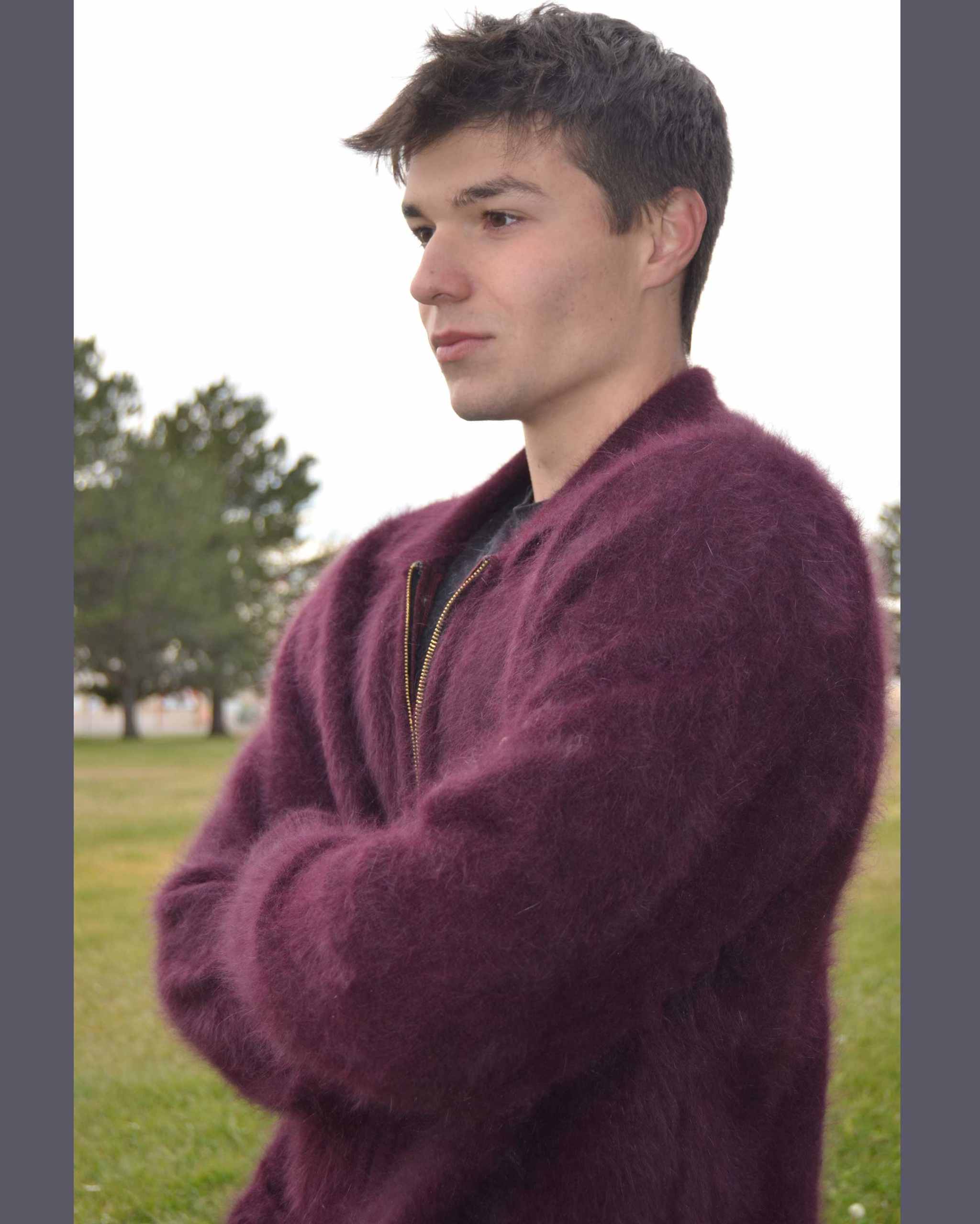 Men's Ultra-Soft Angora zipper-front cardigan sweater in light brown with sleek design